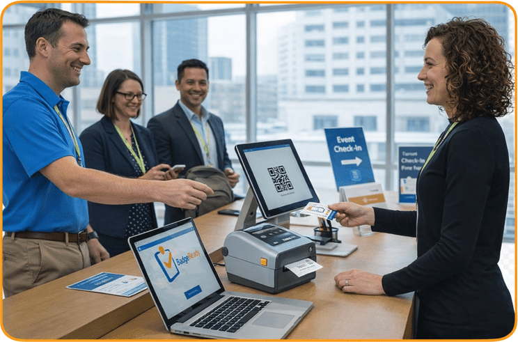 An event attendee receiving a badge at the check-in desk
